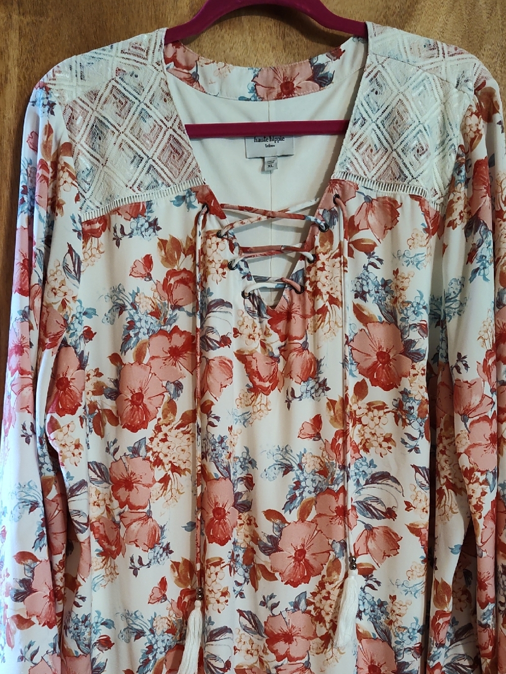 Haute Hippie Tribe Dress Floral Rust Blue Cream Tassels Boho Kimono Sleeves XL - Picture 3 of 16